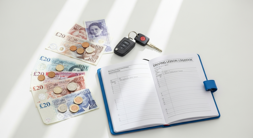UK driving lesson costs showing pound coins, car keys and lesson logbook