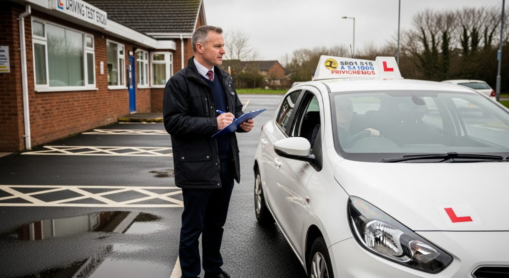 DVSA driving test examiner with clipboard at UK test centre