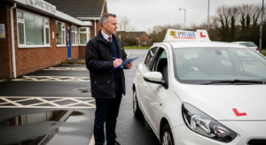 DVSA driving test examiner with clipboard at UK test centre