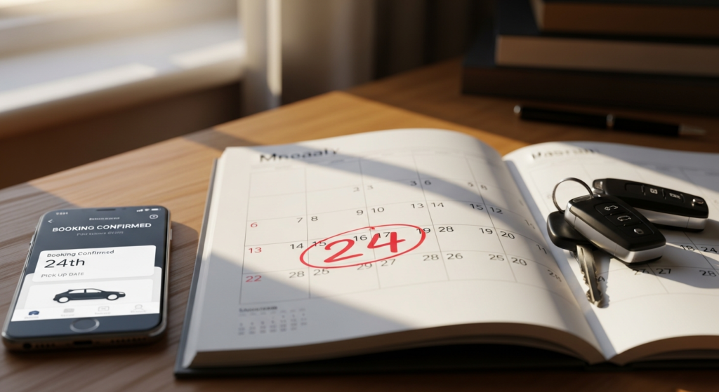 Calendar showing driving test booking date with car keys