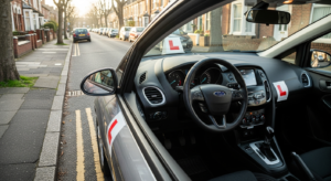 Learner car with L-plates ready for first driving lesson on UK street