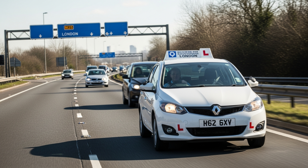 Driving lesson in progress on UK dual carriageway during intensive course