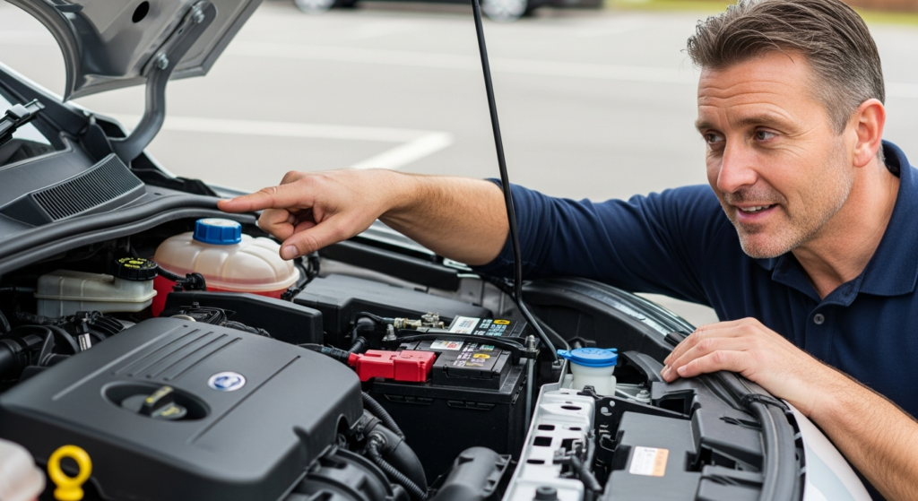 Driving instructor demonstrating show me tell me vehicle checks under car bonnet