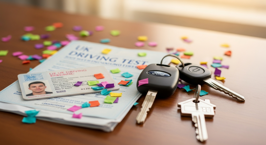 Driving test pass certificate with car keys celebrating success