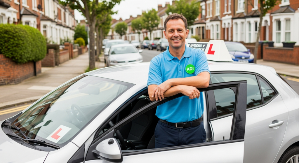 Friendly ADI qualified driving instructor standing by learner car in UK