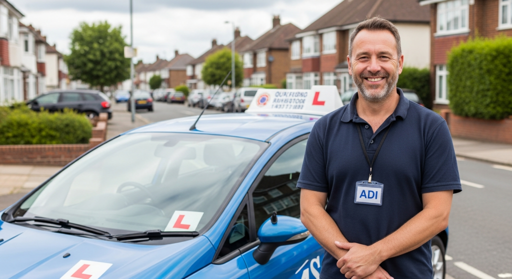 Qualified ADI driving instructor standing by learner car in UK
