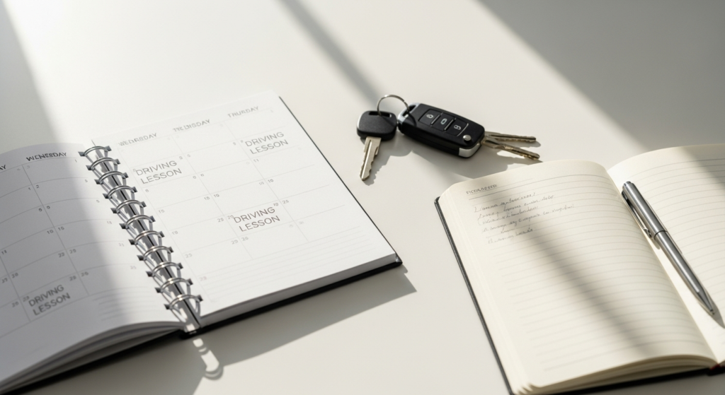 Calendar planner with driving lesson schedule and car keys