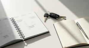 Calendar planner with driving lesson schedule and car keys