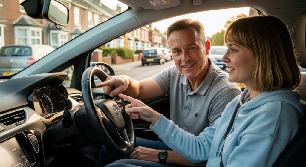 Driving instructor explaining controls to nervous learner during first lesson