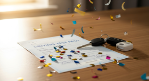 Driving test pass certificate with car keys celebrating success