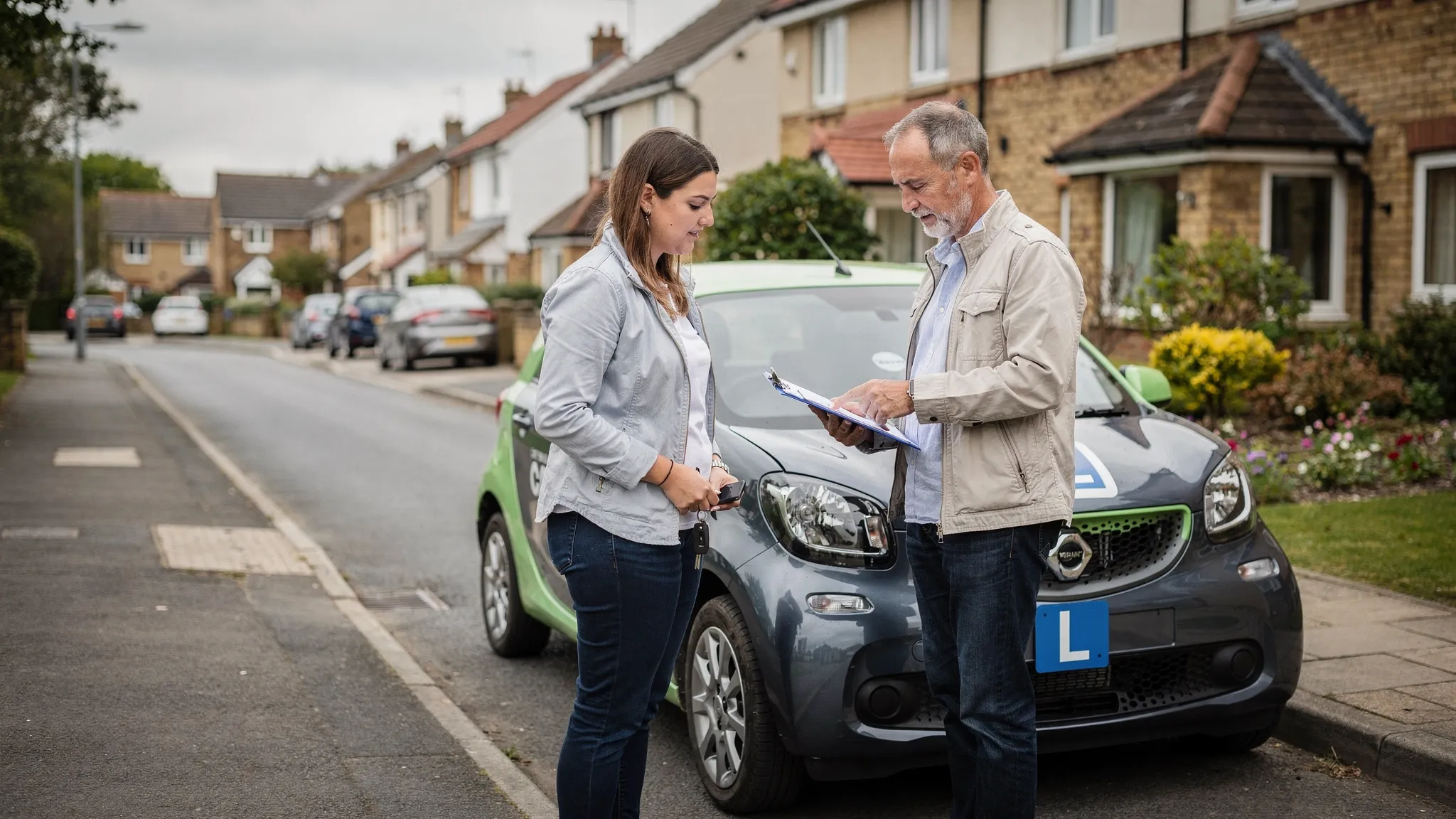 A learner driver and a driving instructor standing by a small dual-control car on a quiet residential street, looking at a lesson plan on a clipboard.
