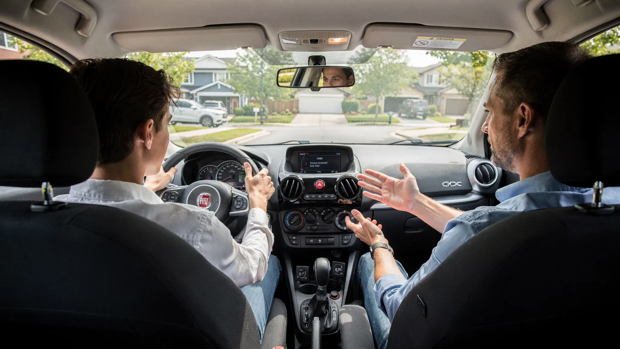 A learner driver in a dual-control car on a quiet residential road while a calm instructor explains the next driving task from the passenger seat.