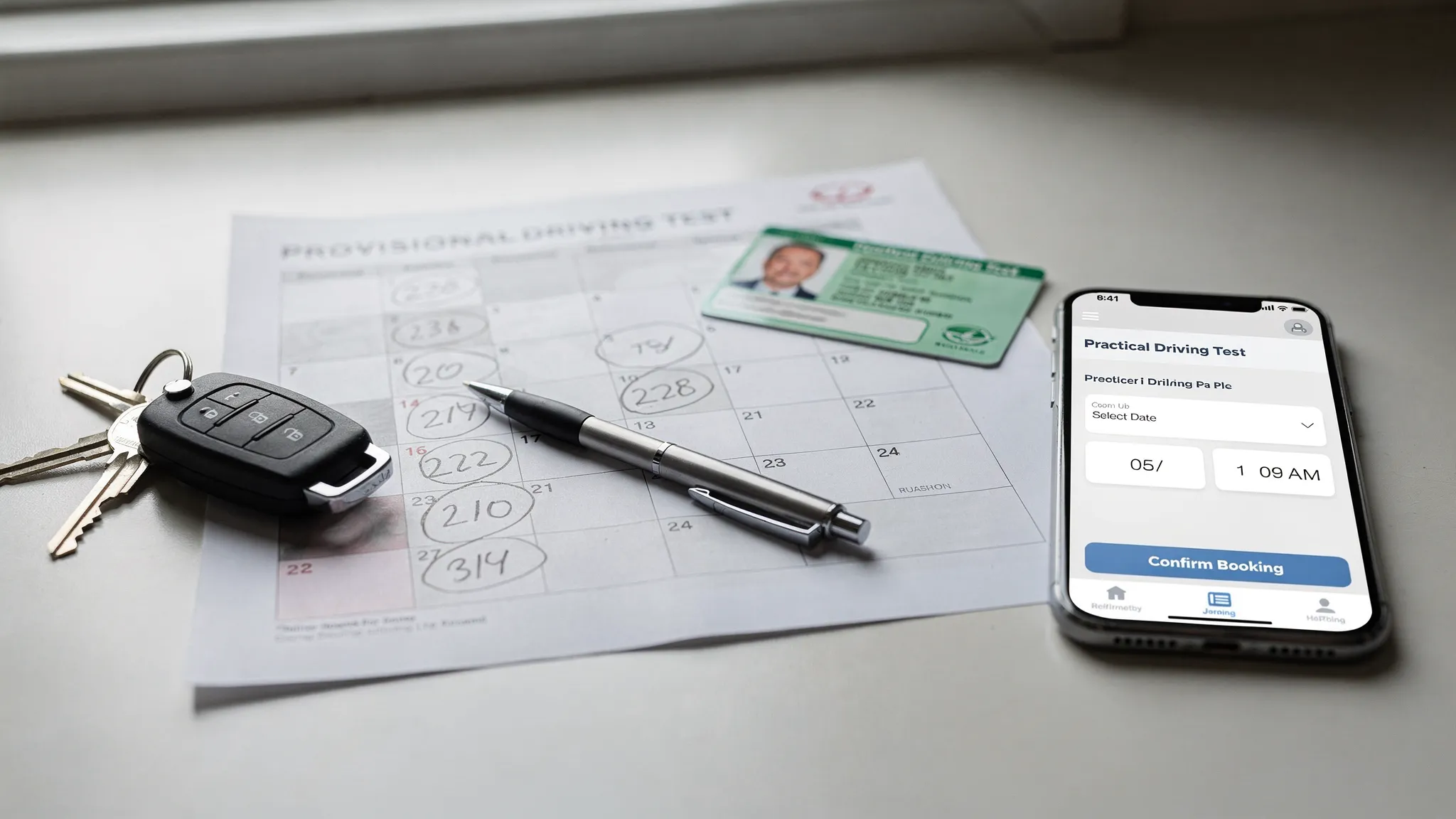 A learner driver planning a practical driving test booking with a calendar, car keys, provisional licence, and a phone showing a correctly oriented booking screen on a desk.