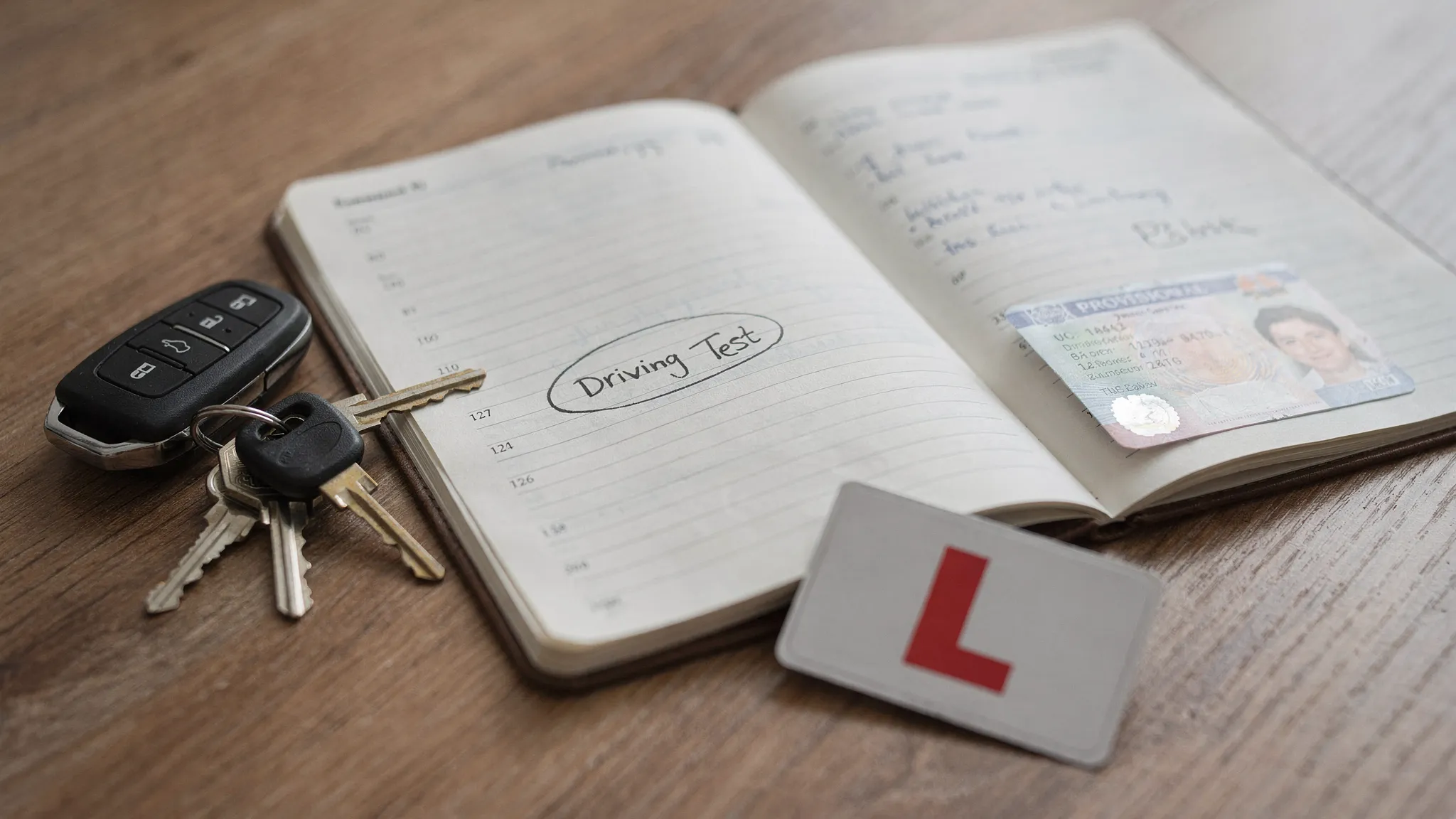 A learner driver's diary with a marked practical driving test date, car keys, a provisional licence and a small learner plate on a table.