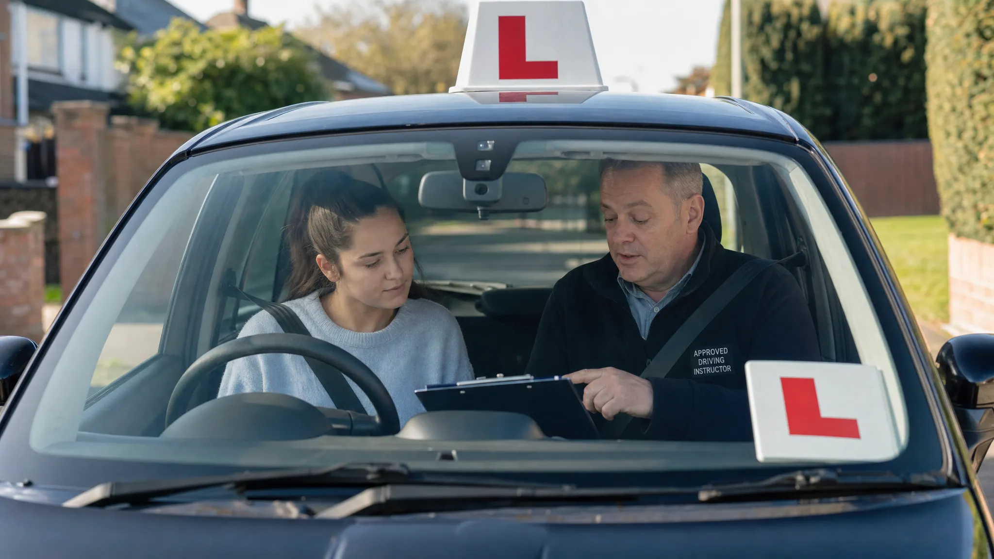 A learner driver and an approved driving instructor sitting in a parked dual-control car before a lesson, with L plates visible and the instructor explaining the lesson plan calmly.