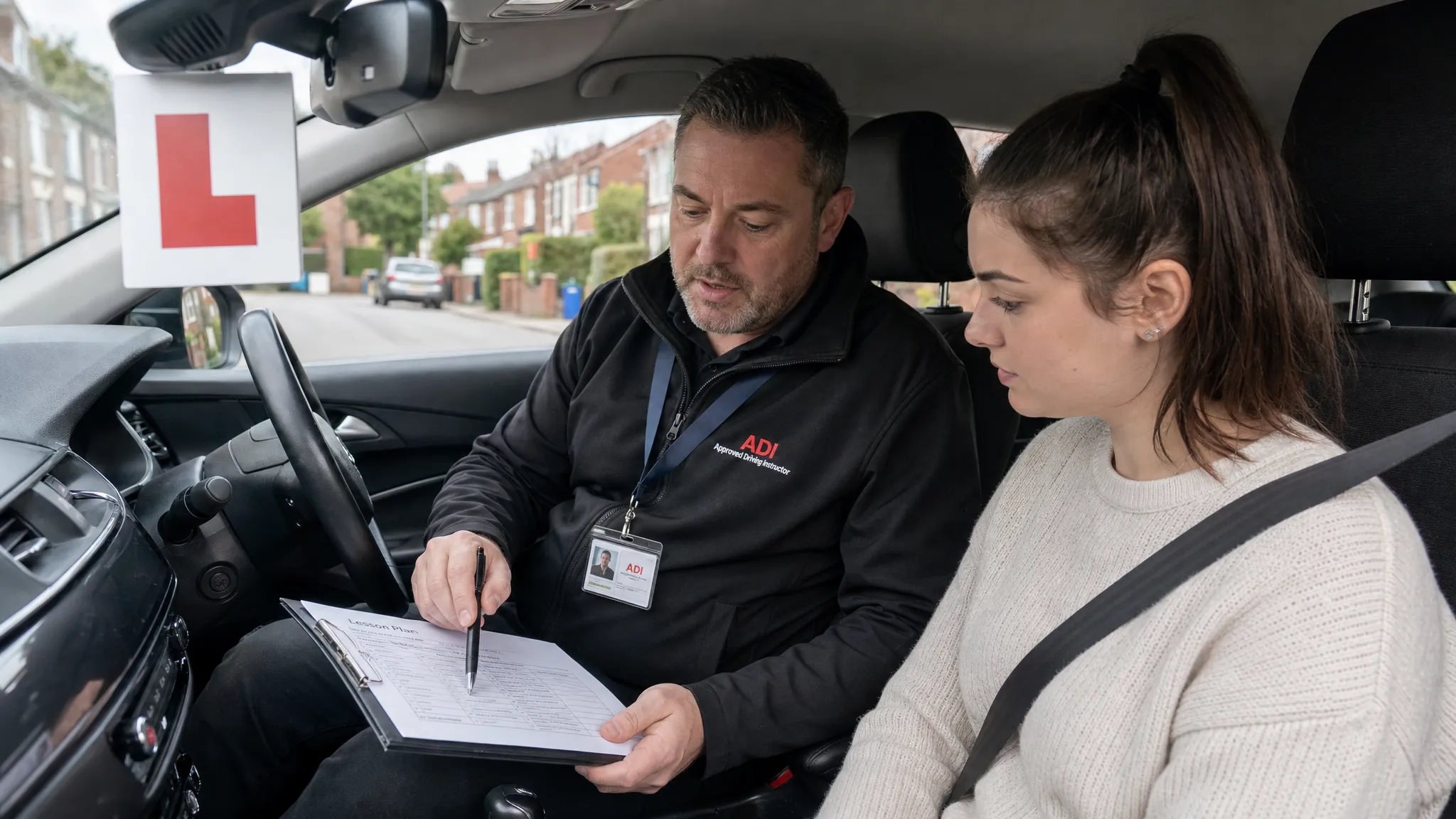 A learner driver and driving instructor sitting in a parked car reviewing a lesson plan on a clipboard before a practical test, with L plates visible and a quiet UK street outside.