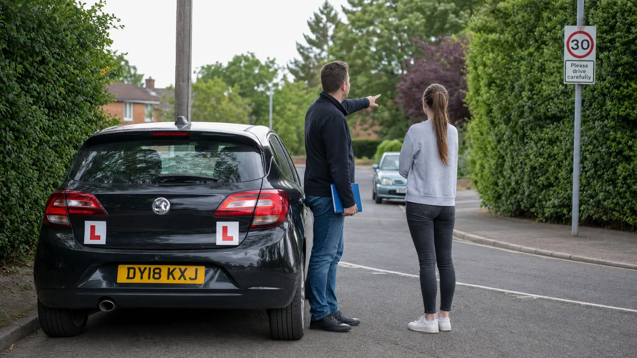 A learner driver car parked on a quiet residential road with L plates visible, while an instructor points towards a road sign and discusses the next stage of the lesson.