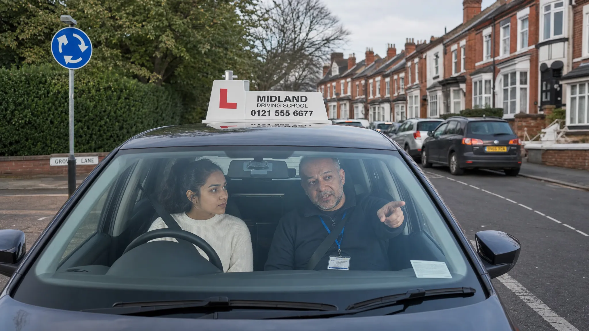 A learner driver sitting in a parked dual-control car with a calm instructor explaining road positioning on a Birmingham street, with terraced houses, parked cars and a roundabout sign visible nearby.