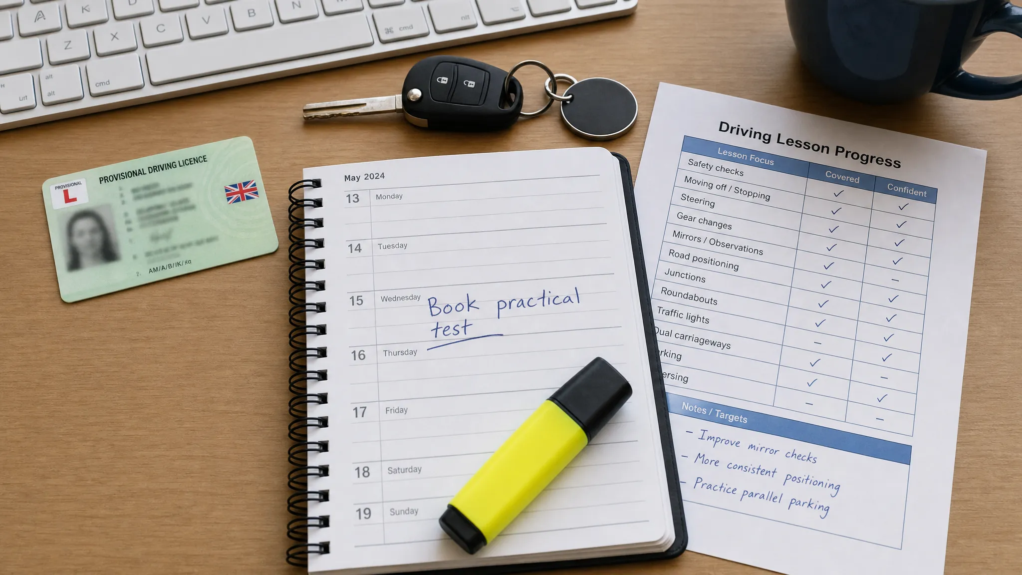 A learner driver's desk with a provisional licence, diary, highlighter, car keys and a driving lesson progress sheet arranged neatly while planning a practical test date.